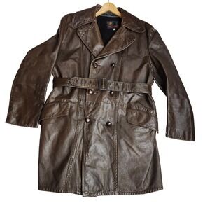 Vtg Richmand Brothers Double Breasted Belted Leather 70's Trench Coat Mens 42